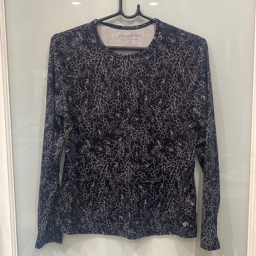 Hang Ten Women's Black and White  Floral Print Long Sleeve Fishing Shirt Sz M